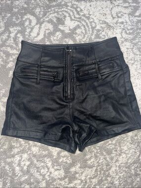 High-Waist Black Faux Leather Zip-Front Women’s Shorts